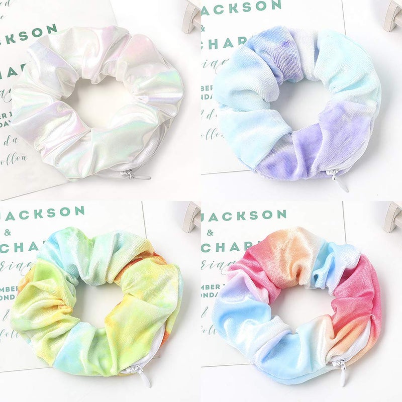 DINPREY Women's Velvet Multicolor Hair Ties with Secret Zipper Pouch - Tie Dye Scrunchies and Soft Stash Elastic Ties for Vsco Girl Stuff (6 Pcs C) - Image 3